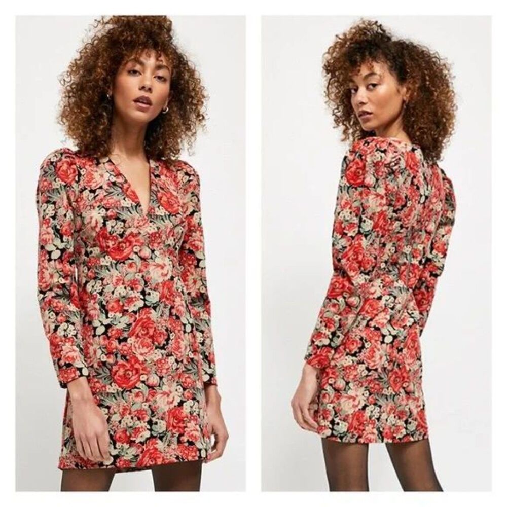 Free People Floral Corduroy KAPOWSKI Mini Dress V-Neck Puff Sleeve 4